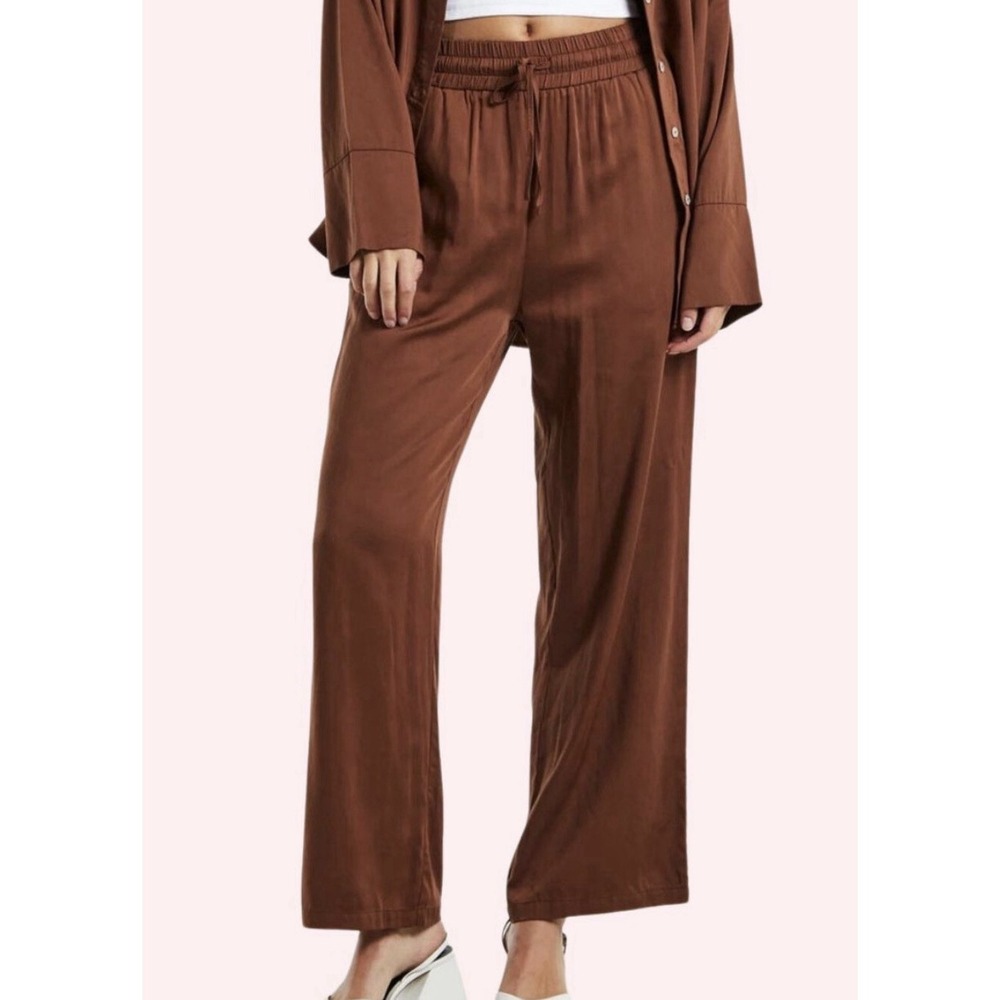 Charlie Holiday Satin Rita Pant Women 4 Brown Wide Leg Pull On Granolagirl Boho